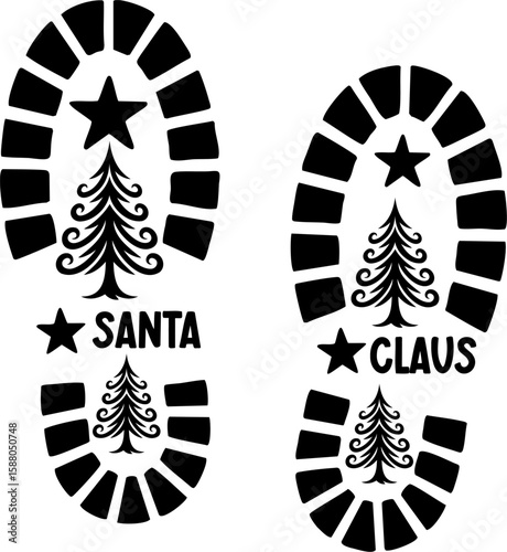 Santa Claus footprint vector in black silhouette style. Perfect for Christmas decorations, Santa trails, DIY crafts, and festive holiday projects. Fun and magical seasonal design.