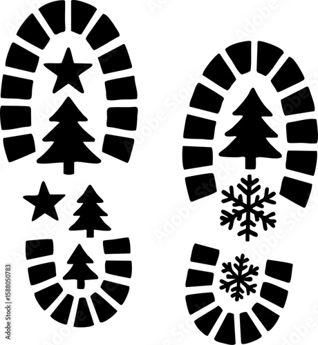Vector silhouette of Santa Claus boot print with snowflake detail. Ideal for Christmas decor, stencils, craft projects, kids activities, magical Christmas scenes and DIY holiday decorations.