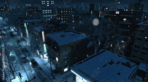 aerial view of a snowy Tokyo neighborhood at night, quiet streets, glowing vending machines, snow softly falling, anime-inspired feel