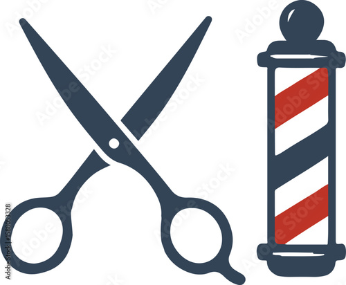 Barber Shop Icon: Illustrative representation of barber tools, scissor and barber pole, for grooming and styling.