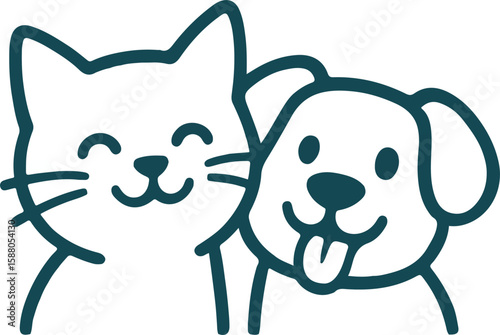 Cute Cat and Dog Friendship: An endearing illustration featuring a happy cat and a cheerful dog, symbolizing the bond of friendship, love, and companionship between domestic animals.