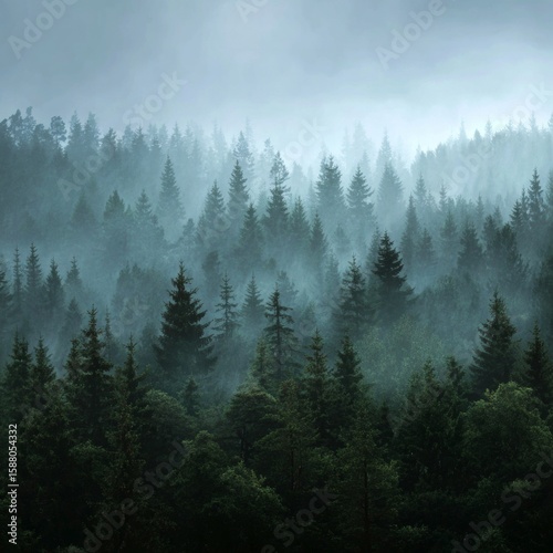 Serene Misty Forest Landscape with Tall Evergreen Trees and Fog