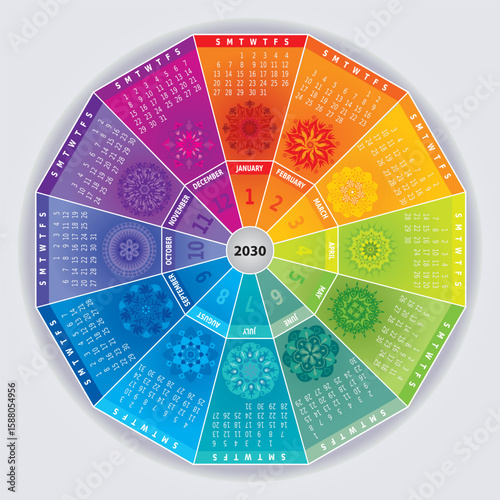 Calendrier 2030 avec Mandalas - Roue Couleurs Arc-en-Ciel - 12 Mois - Vecteur