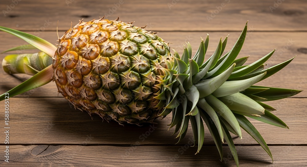 Obraz premium Fresh Pineapple on Wooden Table, Tropical Fruit with Green Leaves and Texture