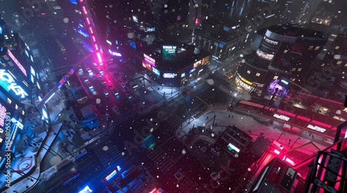snowy night in a cyberpunk city seen from above, neon lights reflecting on wet snowy streets, snow gently falling from the sky, futuristic mood