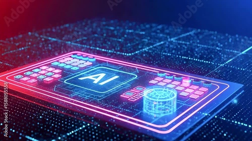 Futuristic digital interface displaying AI technology with glowing circuits and data elements