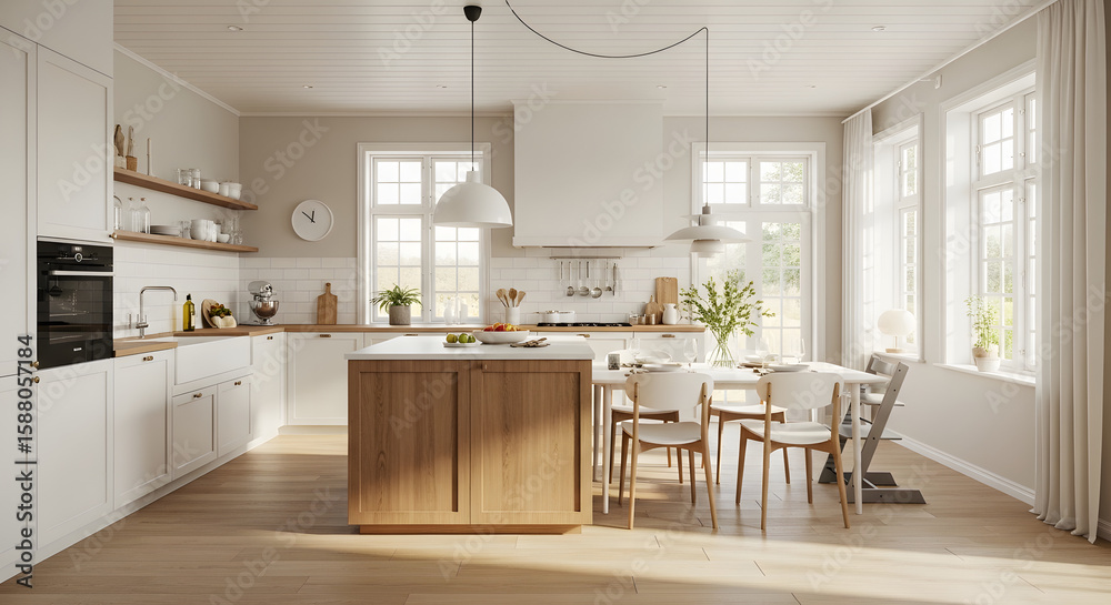 Elegant Kitchen Interior: A beautifully designed, sun-drenched kitchen boasts a harmonious blend of modern and classic design, creating a warm and inviting space. Elegant Kitchen Interior: A beautifully designed, sun-drenched kitchen boasts a harmonious blend of modern and classic design, creating a warm and inviting space.