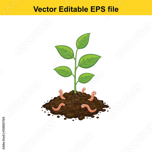 A plant growing in soil with cute earthworms