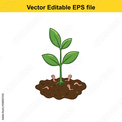 Cute cartoon worms help a plant sprout in the soil