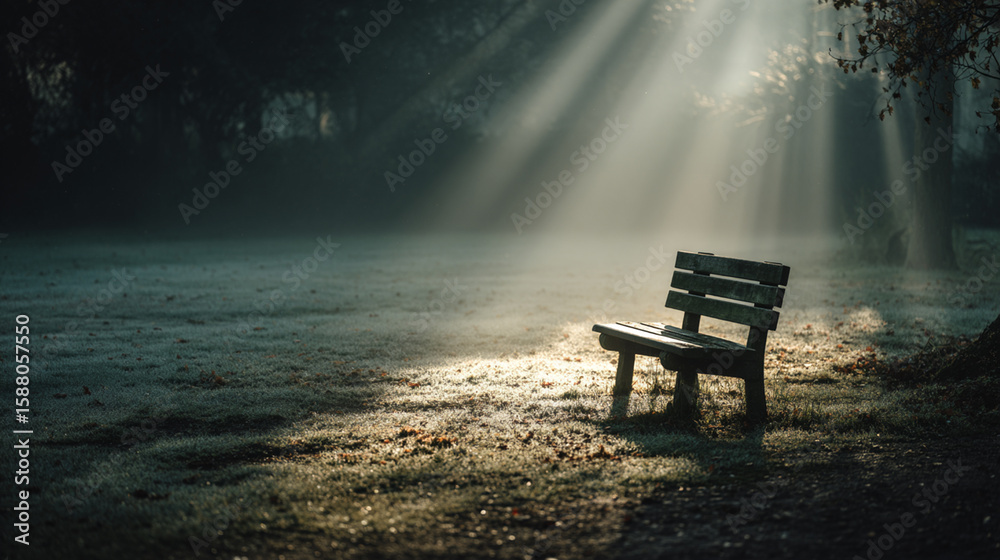 Fototapeta premium A photo of a lonely bench in a dewy park with soft sunbeams cutting through mist during morning