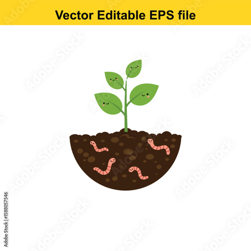 Cute worms help a plant grow in the soil