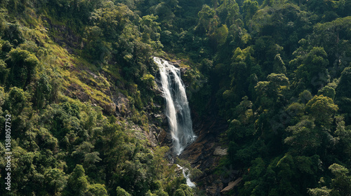 A photo of a cascading waterfall emerging from dense jungle at midday