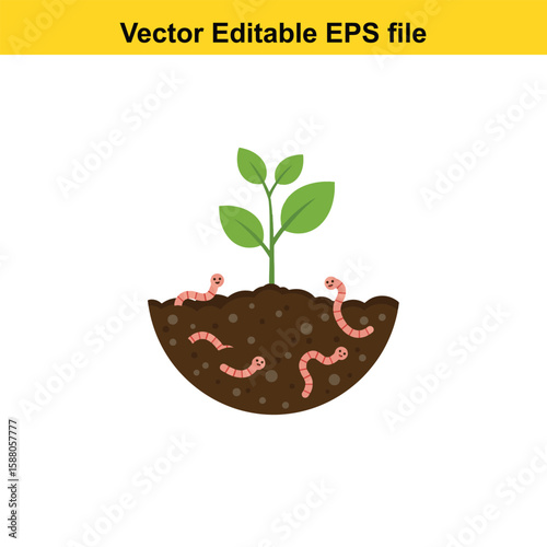 Cute earthworms help a plant grow in fertile soil