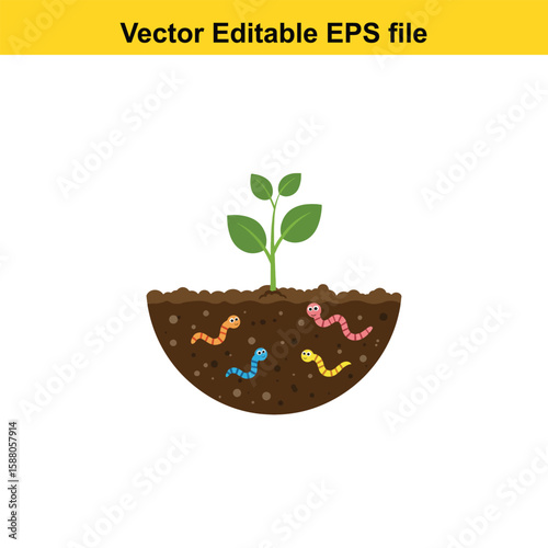 Cute cartoon worms in soil with a growing plant
