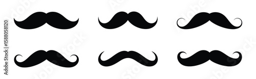 Set of six black mustache silhouettes showcasing diverse styles and curves—perfect for grooming, retro, humorous, or decorative design themes