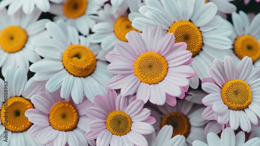 Close up of pink and yellow flowers with green centers