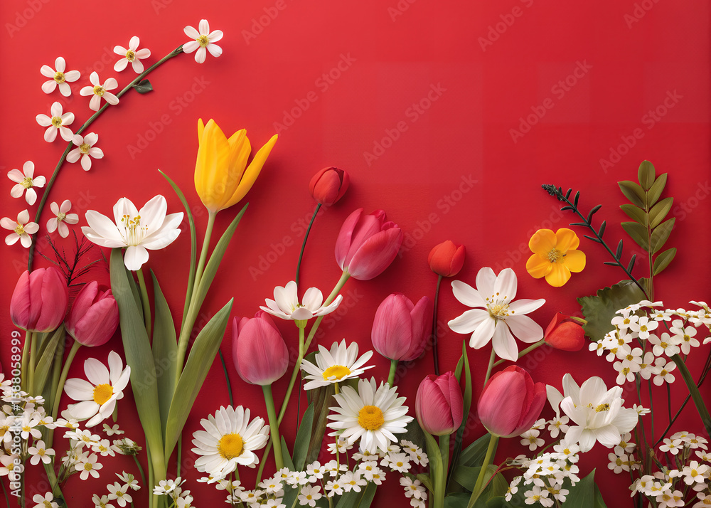 Obraz premium Blossom Bouquet: A vibrant array of diverse flowers showcases a spectrum of colors on a bold backdrop, a celebration of floral beauty and springtime renewal.