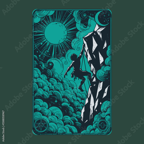 vector drawing of climbing expedition on rock face for vintage card