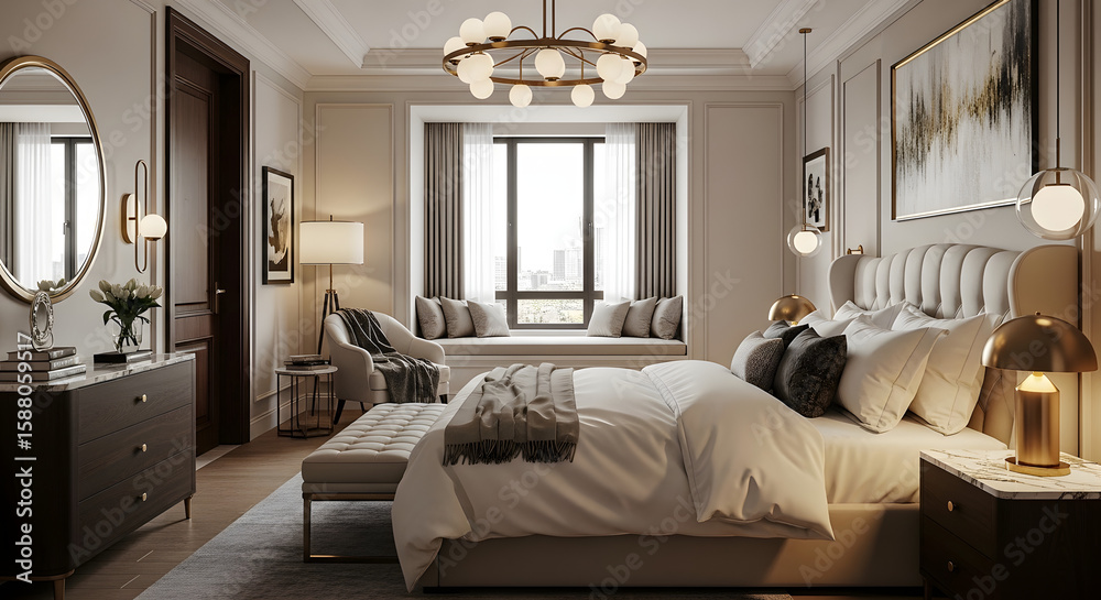 Fototapeta premium Luxurious Bedroom Oasis: Experience the epitome of comfort and elegance within this beautifully furnished bedroom, adorned with plush bedding, designer accents, and a calming ambiance.