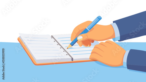 Illustration of hand writing in notebook with pen for business notes and creative writing concept