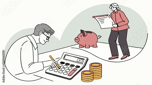 Financial planning family budget with calculator piggy bank and savings for investment and retirement planning