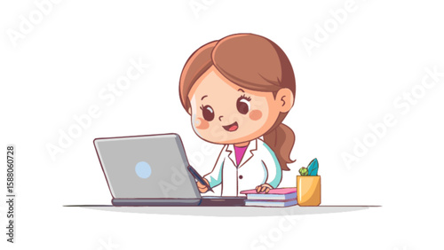 Doctor working on laptop cartoon illustration for telemedicine and healthcare professional concept design