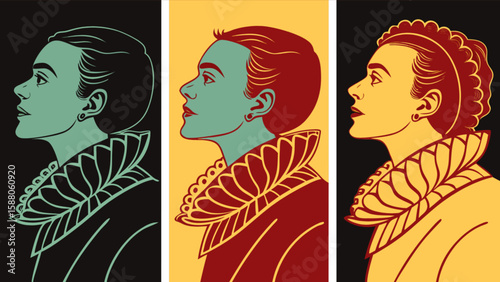 Vintage pop art portrait of elizabethan woman with ruff collar in retro color block style illustration