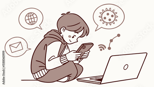 Boy using smartphone and laptop with internet connection for email and social media online communication