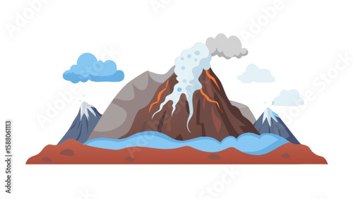 Volcano eruption illustration vector landscape with mountains clouds and lava flow design for earth science 100