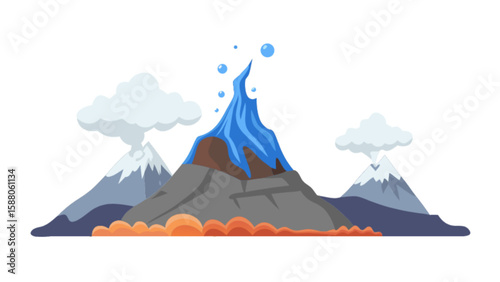 Volcano eruption vector illustration with lava and smoke for earth science and geography education material
