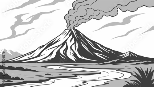 Volcano eruption landscape vector illustration with river and mountains drawing for nature background design