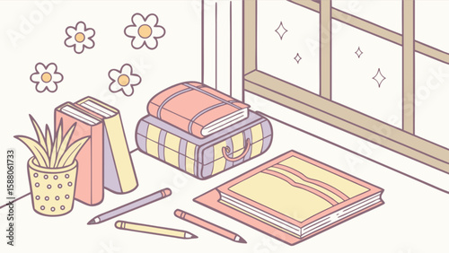 Cozy study corner illustration with books plant and window light for creative design projects and learning 100