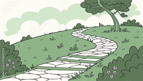 Cartoon garden path illustration with stone steps and green grass landscape drawing for children and adults