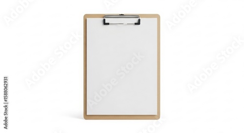 Minimalist image of a brown clipboard with a blank white paper sheet, centered on a clean white backdrop, studio shot ideal for presentations