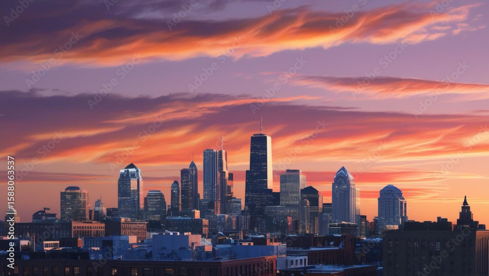 Obraz premium the beautiful skyline of a modern futuristic city with many skyscrapers and a beautiful sunset