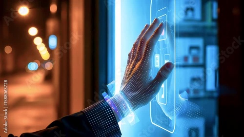 Futuristic hand interacting with a digital touchscreen in an urban night setting, showcasing technology