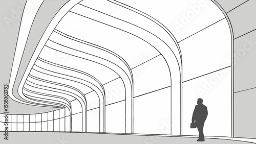 Architectural design illustration of modern building interior design with arches and a person silhouette