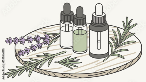 Aromatherapy essential oils lavender and rosemary on wooden tray for wellness and relaxation focus
