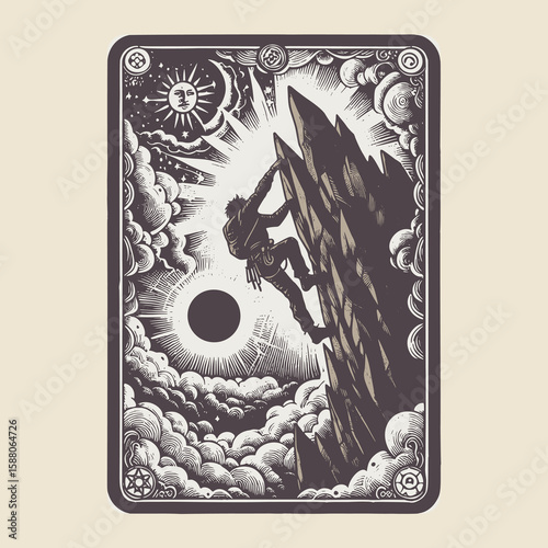 engraved vector illustration of climbing man on rocky slope card