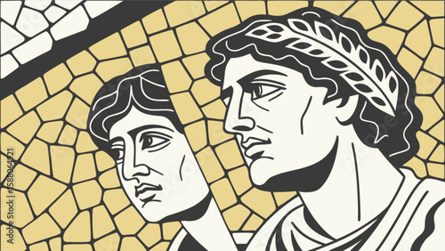 Ancient greek mosaic art illustration of two figures with laurel wreath and stylized background design