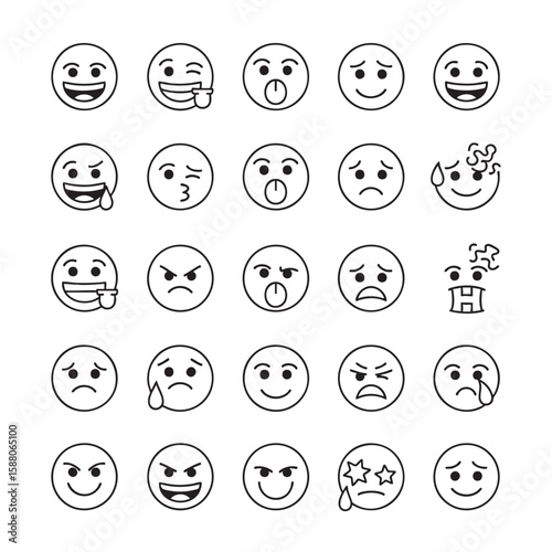 Diverse expressive faces in black outline on white background emoji expressions