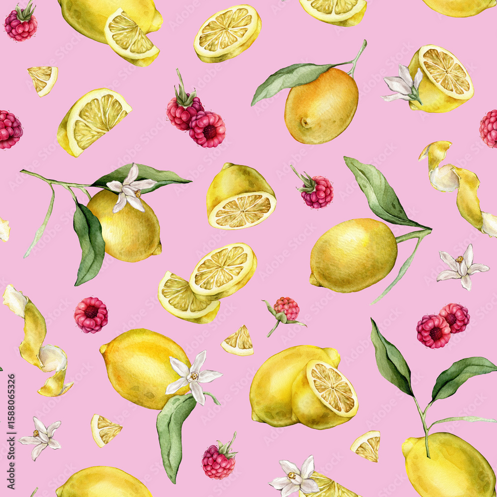 Obraz premium Seamless pattern with watercolor illustration of slice and whole lemon, peel or zest Lemon and raspberry. Repeat ornament Hand painted lemon with green leaf and white flowers on isolated background.