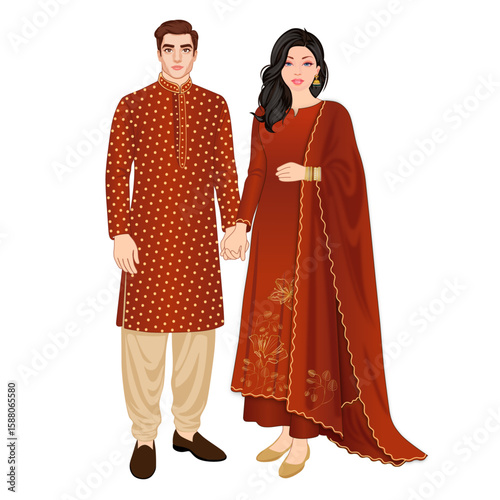 Beautiful Indian Couple Standing Wearing Sherwani and Ethnic Dress