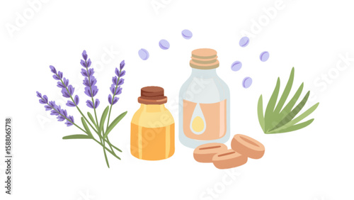 Aromatherapy essential oils and lavender flowers for natural wellness and relaxation therapy at home spa day