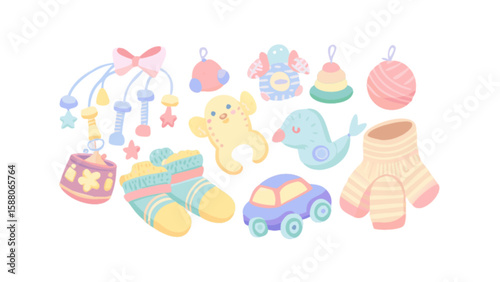 Baby toys collection vector illustration featuring mobile socks car bird and other cute baby items design 100 characters