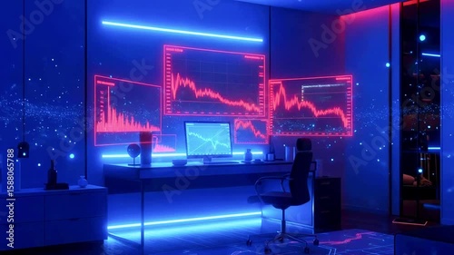 Futuristic home office with glowing screens displaying data trends in a sleek, modern environment