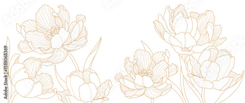 Gold Flower hand drawn on white background vector. Natural botanical elegant tulip flower with gold line art. Luxury illustration for decoration, wall decor, wallpaper, cover, banner, package, card.