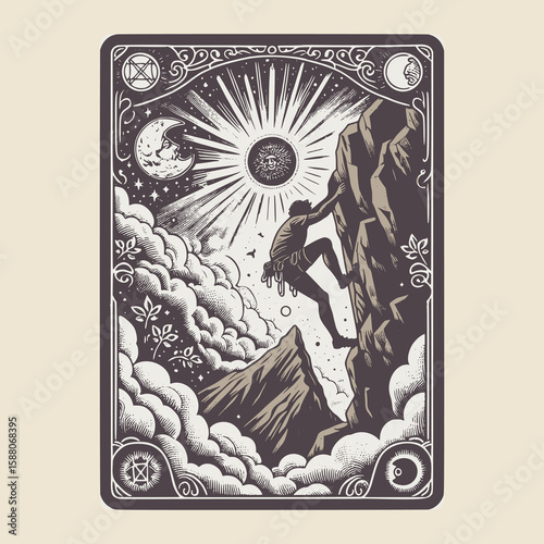 vintage card design with climber on detailed mountain rock vector