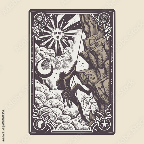 climbing vector art of mountaineer on rocky terrain in vintage card