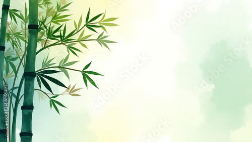 Green bamboo stalks and leaves watercolor background